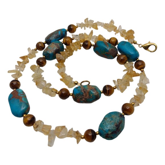 Vintage Amber Turquoise and Tigers Eye Beaded Necklace - Picture 1 of 3